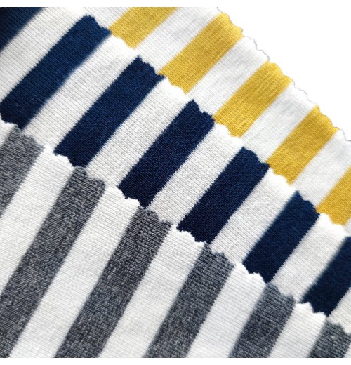 New Wide Stripe Stretch Fabric Yellow Gray Navy Custom Color 100% Organic Cotton Double Knit Rib Jersey Fabric New Wide Stripe Stretch Fabric Yellow Gray Navy Custom Color 100% Organic Cotton Double Knit Rib Jersey Fabric
