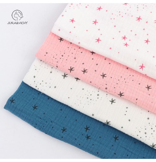 factory wholesale custom designs star print 100% Cotton Double Gauze muslin crinkle print fabric for garments and swaddles factory wholesale custom designs star print 100% Cotton Double Gauze muslin crinkle print fabric for garments and swaddles